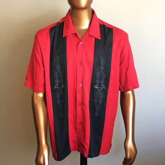 SOBRINO Red & Black Double Martini & Pineapple Panel Bowling Shirt - Picture 2 of 11